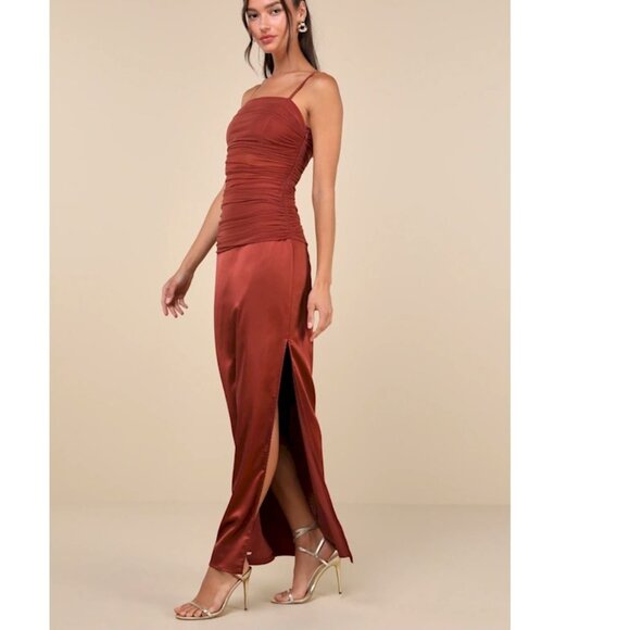 Lulus Perfected Essence Rust Brown Satin Mesh Ruched Maxi Dress Small NWOT - Picture 3 of 5